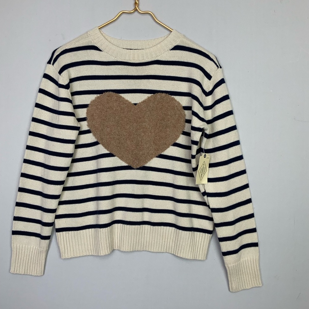 NWT St. Johns‎ Bay Sz Petite Small Navy Stripe Fuzzy Teddy Heart Sweater CUTE!